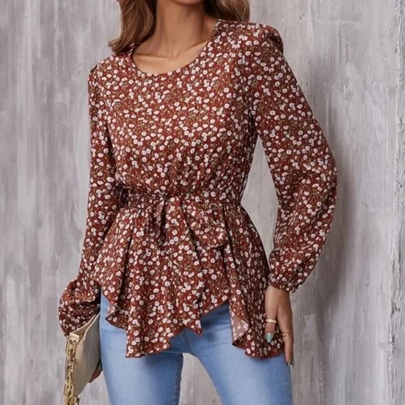 Boho Floral Print Peplum Ruffle Blouse - Picture 3 of 5
